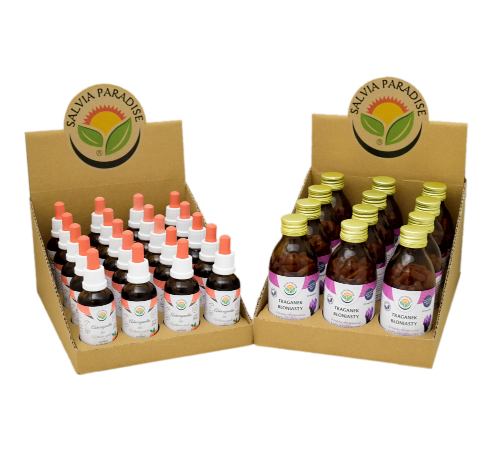 Prezentacja produktów Salvia Paradise – opakowania nalewek i ekstraktów ziołowych